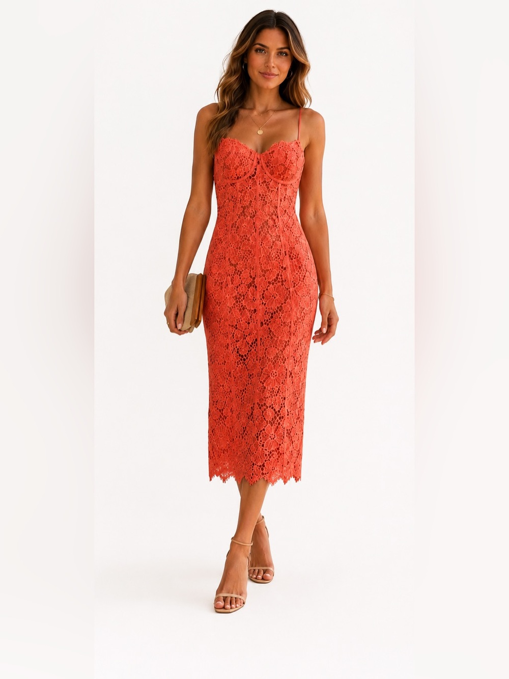VICI Exclusive Coral Floral Lace Bustier Midi Dress NWT Size Small Coquette Lace